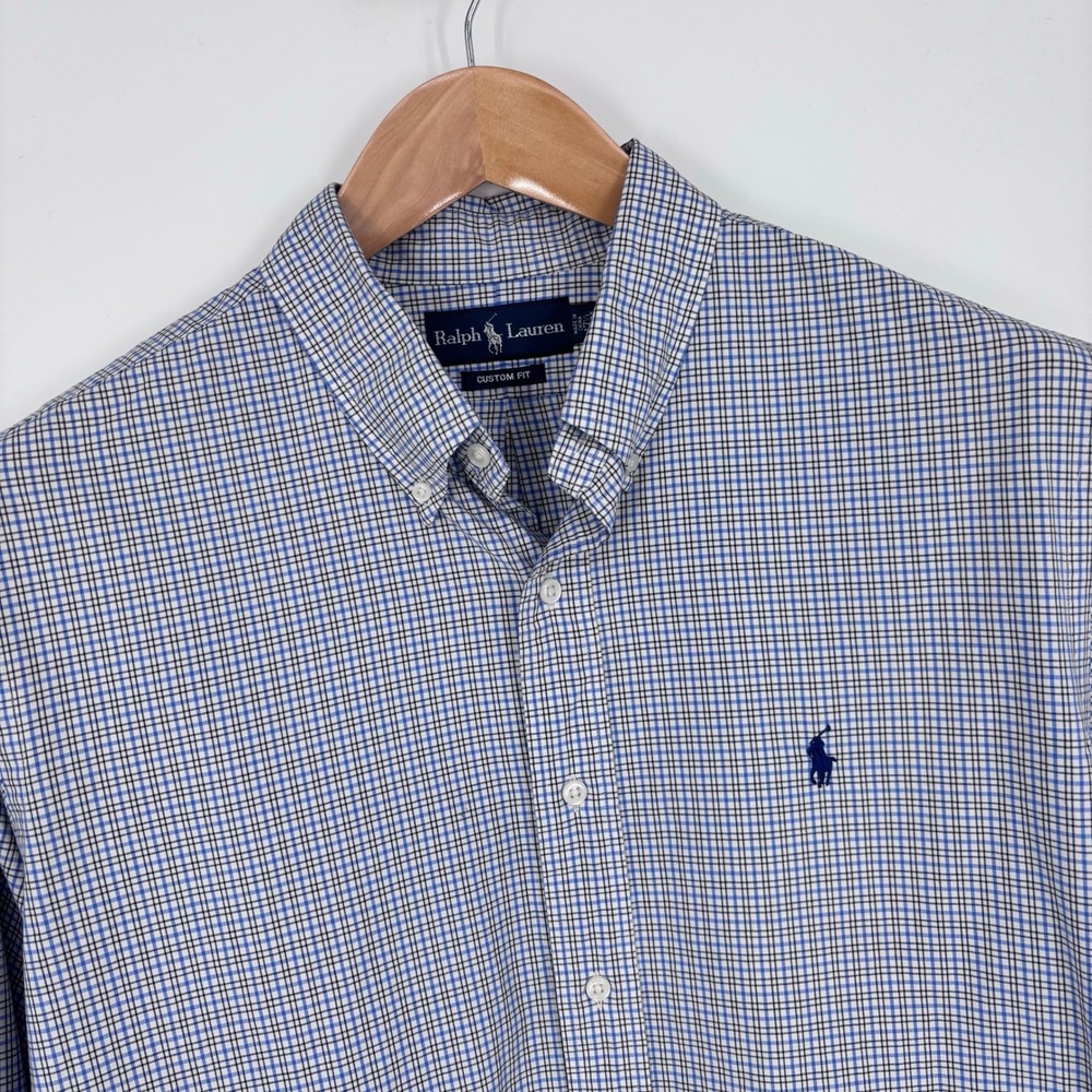 Polo Ralph Lauren Plaid Button Down Shirt Mens 17.5 34/35 Custom Fit Blue Check